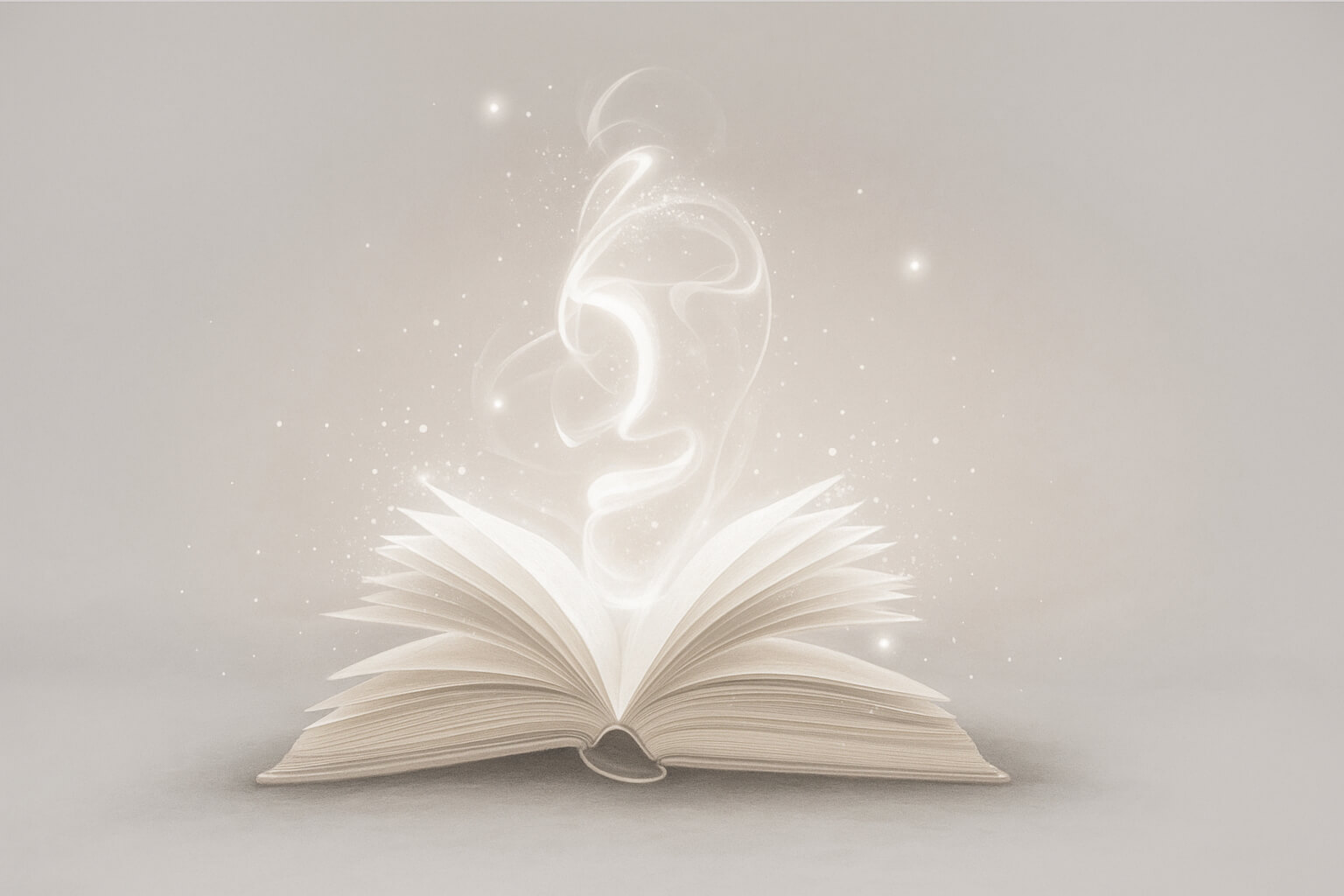 Libro abierto emanando luz suave y energía espiritual, simbolizando conocimiento interior y registros akáshicos